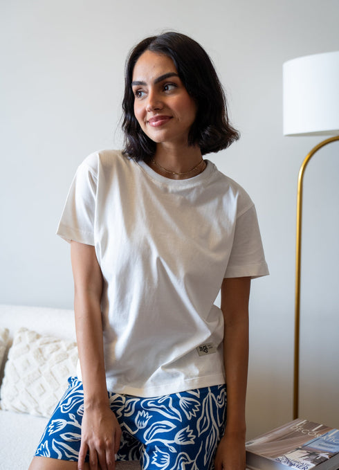 Women Summer Pajama set Off White T-shirt + Dark Blue Flowers Shorts